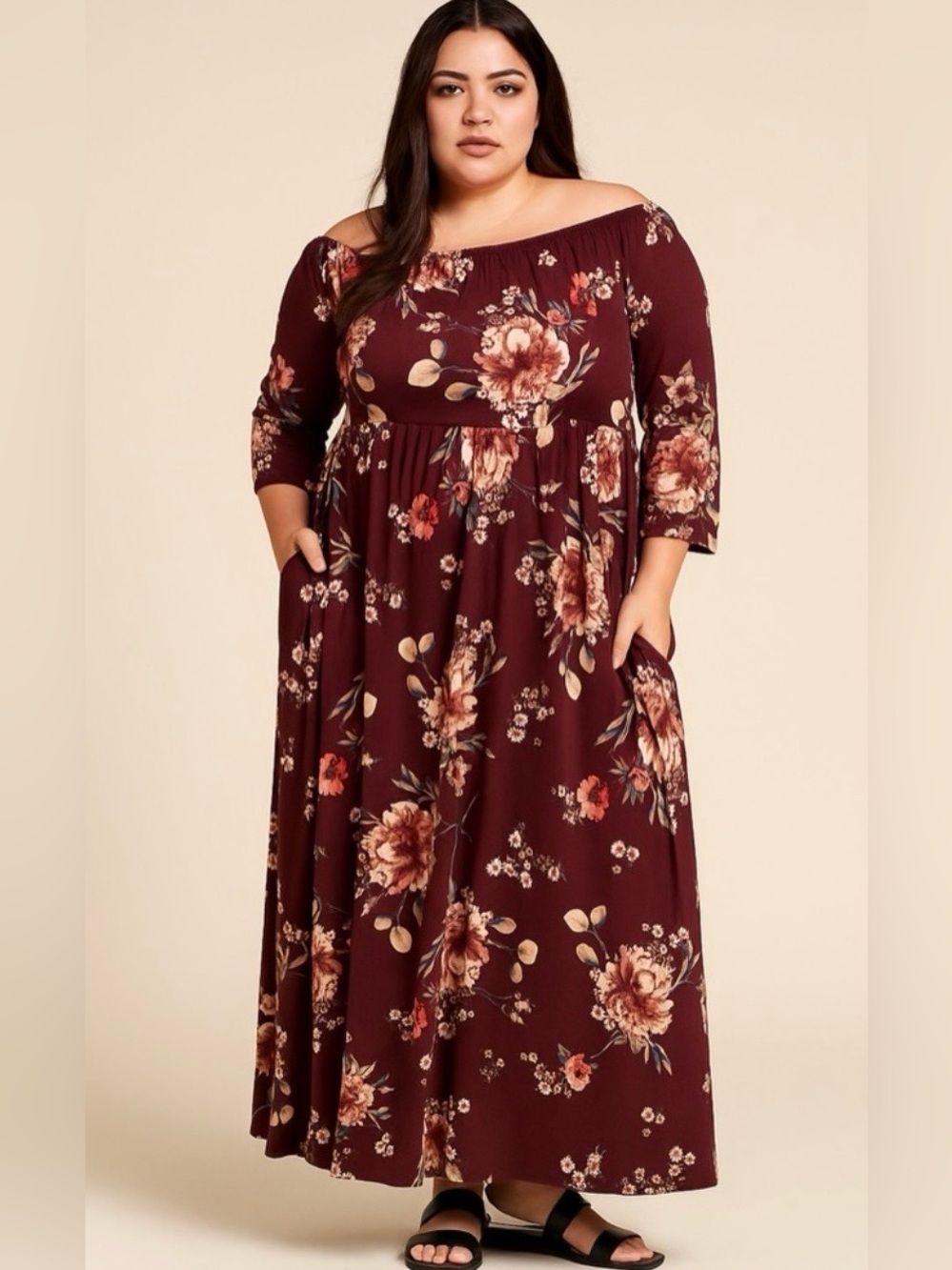 NWT Sweet Lovely Sz 3X On/Off-Shoulder Floral Burgandy Cream Maxi Dress pockets